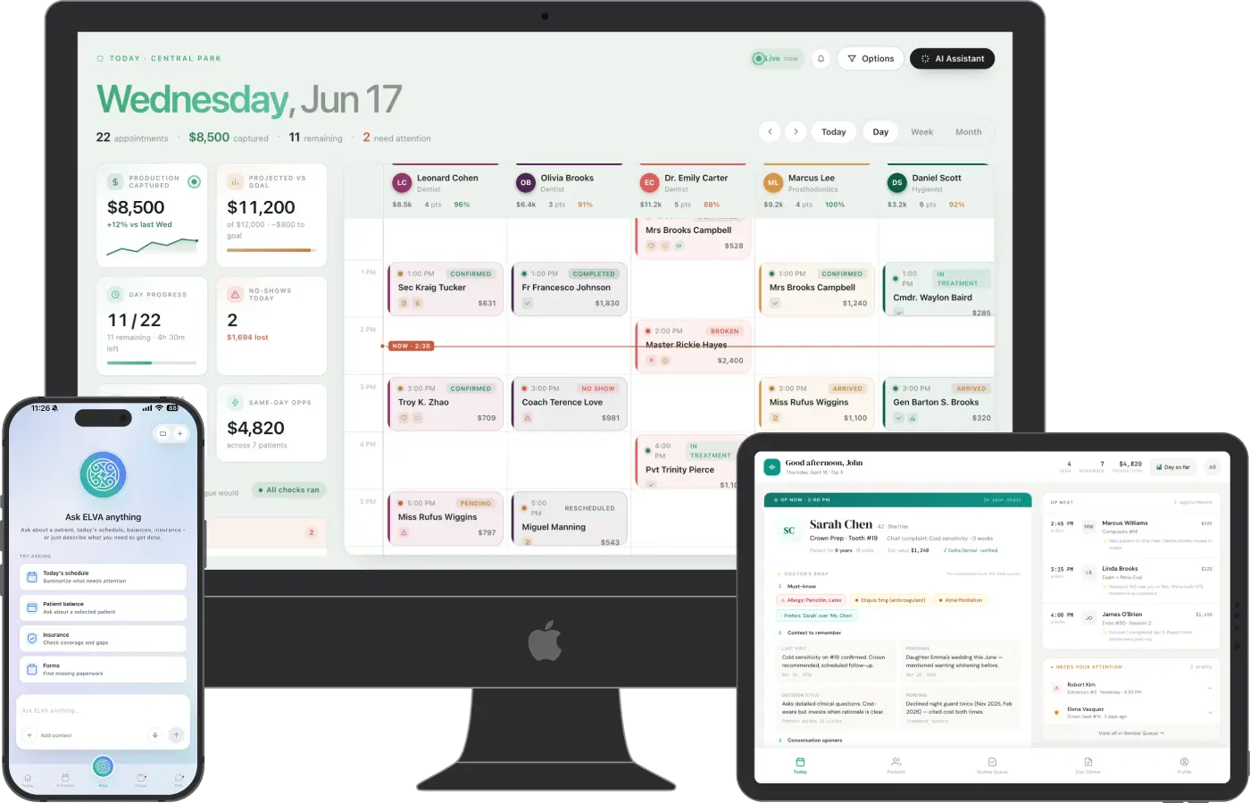 Elva — the AI workspace for dental practices, shown across desktop, tablet, and mobile