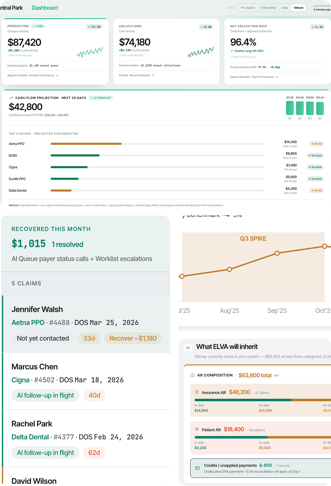 Elva RCM dashboard showing claims submitted, acceptance rate, amounts billed and collected, and claim status over time