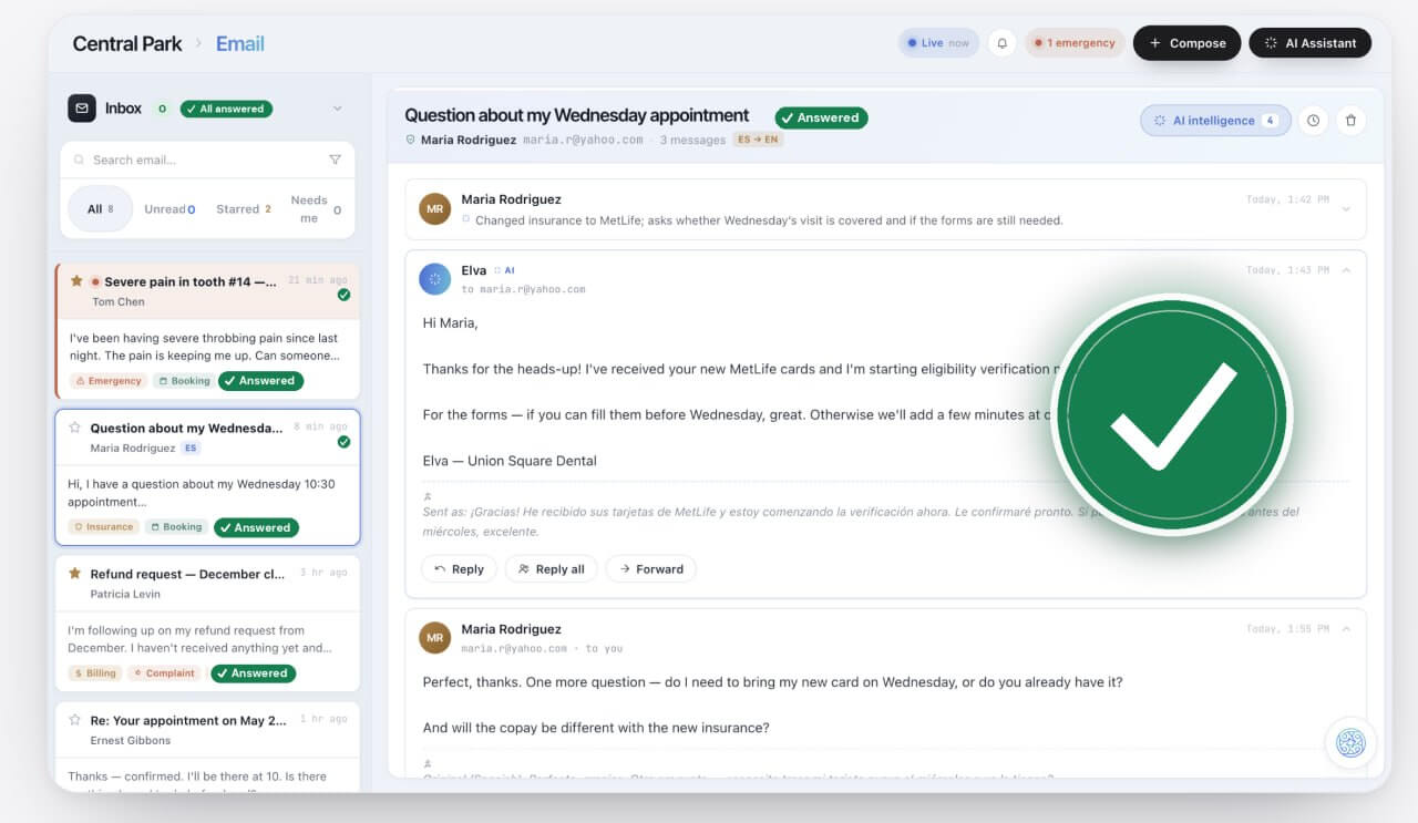 Elva Email — a patient inbox triaged by AI, with live summary, suggested actions, and patient context